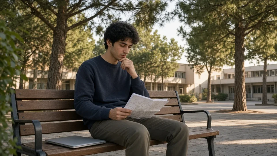 A student on a campus bench with a closed laptop and a folded map