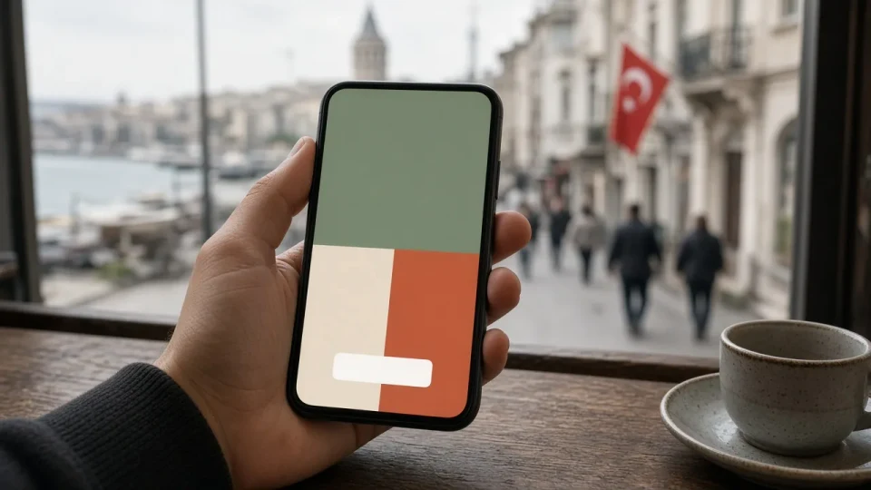 A hand holding a phone that shows a wordless homepage