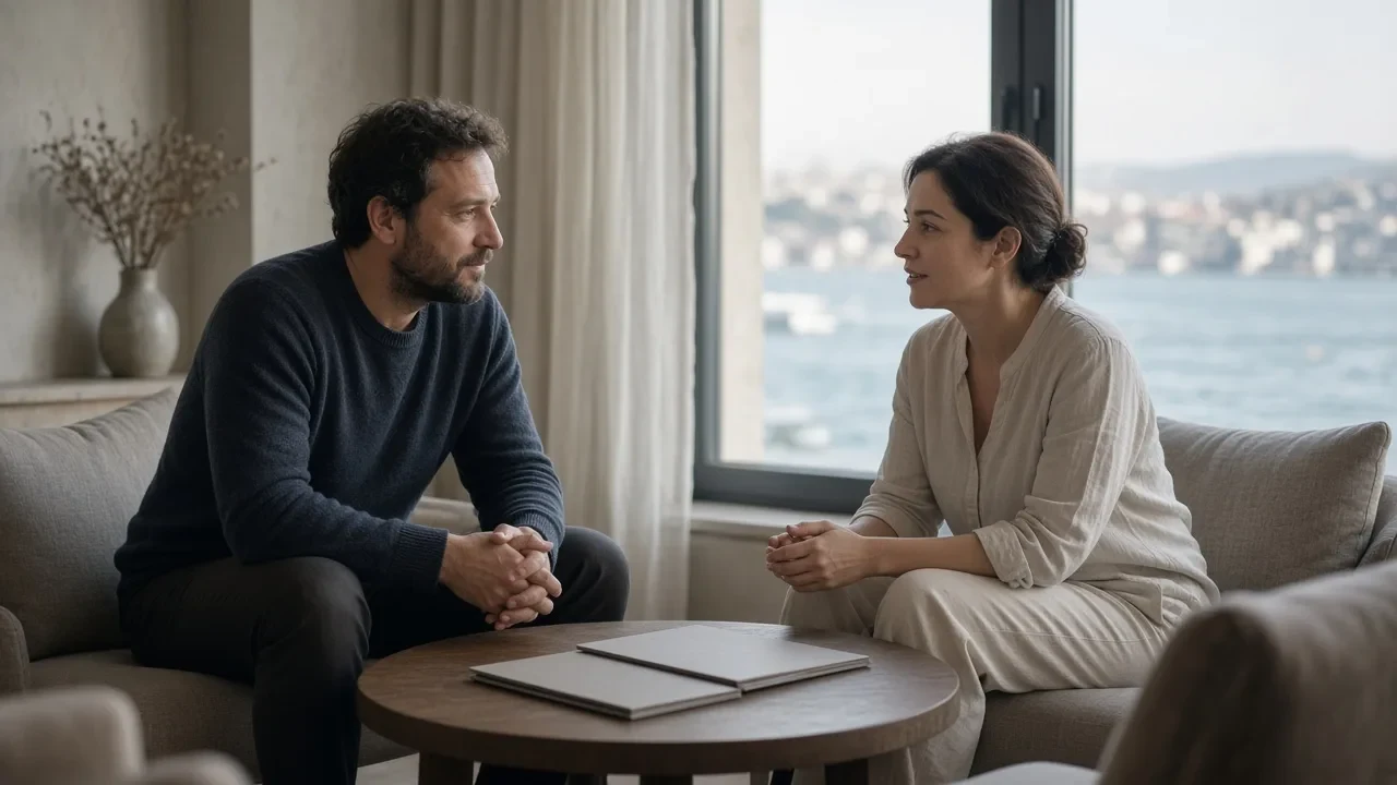 An advisor and a client talking beside a window in Istanbul
