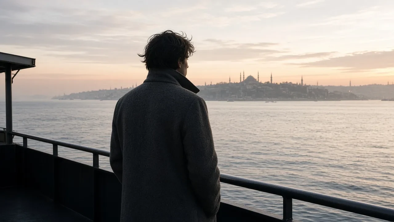 A passenger on an Istanbul ferry at sunrise