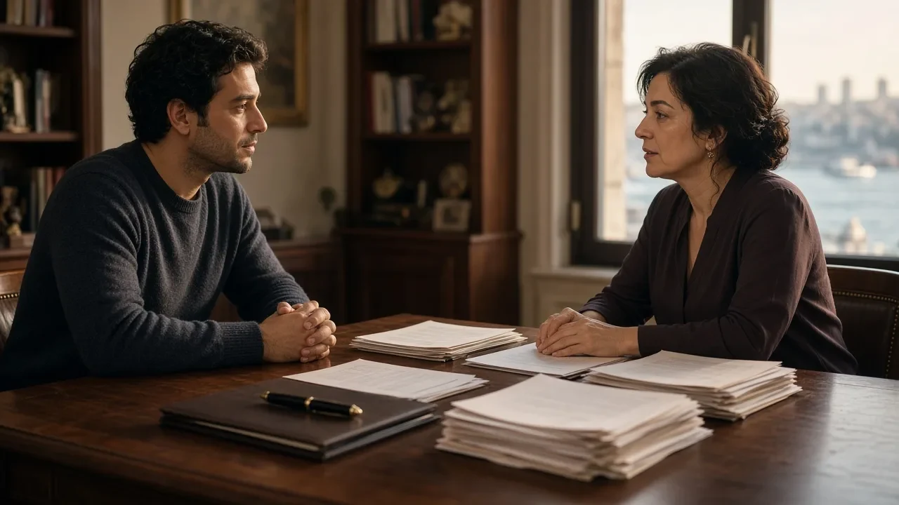 Two people reviewing papers in a quiet Istanbul translation office