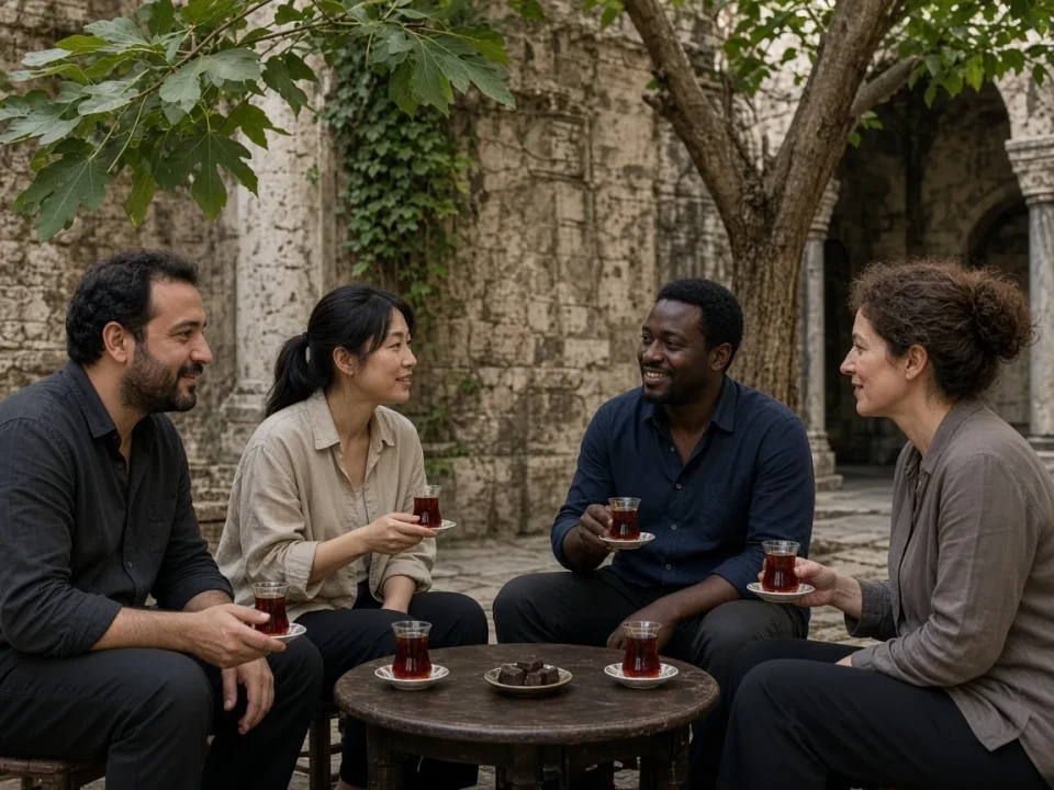 Four people talking over tea in an Istanbul courtyard