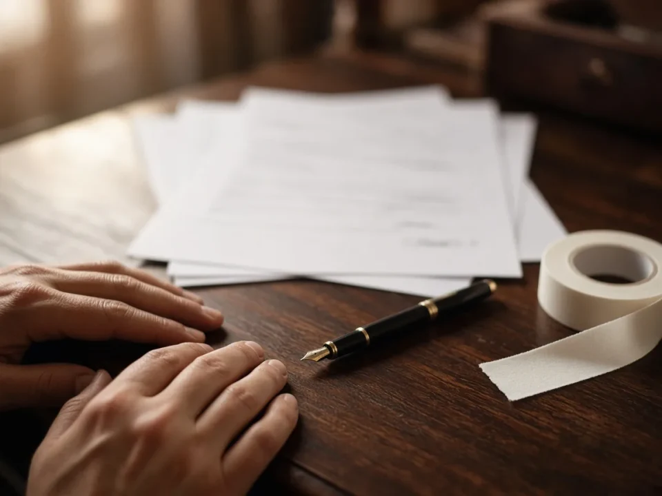 Hands beside a pen and blurred papers on a wooden desk
